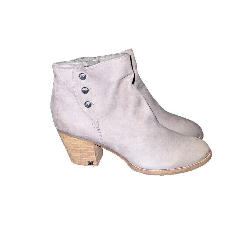 SAM EDELMAN Taupe Leather Side Buttons Side Zipper Ankle Block Heel Boots